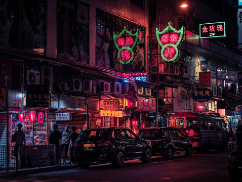 Neon signage in a busy market of Hong Kong, Chin