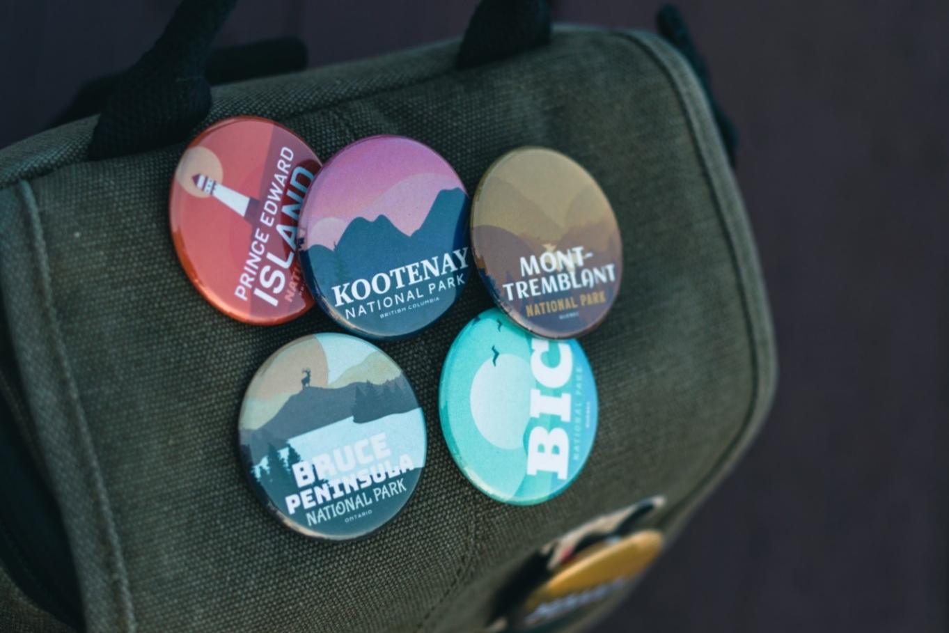 Five business badges fixed on a bag