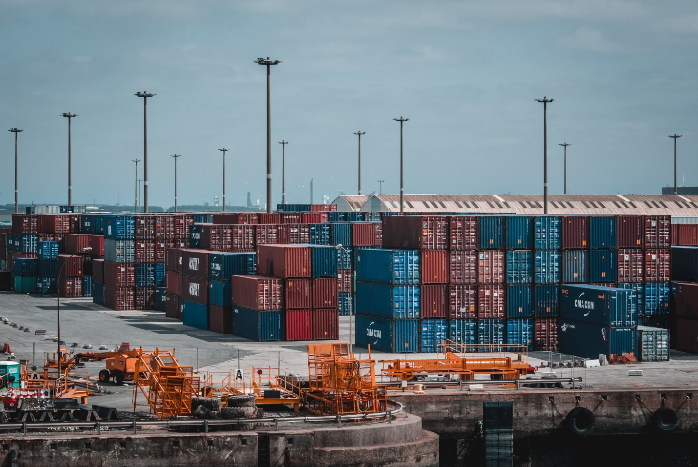 Intermodal containers stacked on port